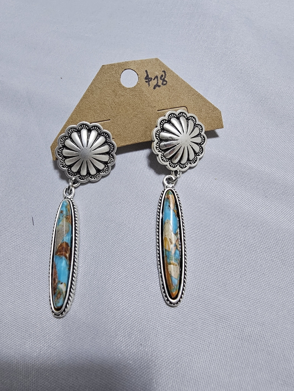 Turquoise Inlay Dangle Earrings - Silver Tone Floral Concho